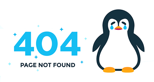 A cartoon of a sad penguin next to the words 404 Page Not Found