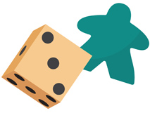 An illustration of a six-sided pipped die and a green meeple