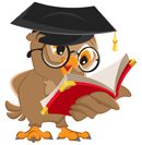 A cartoon owl wearing a graduation cap and round Harry Potter-style classes, and reading from a red book