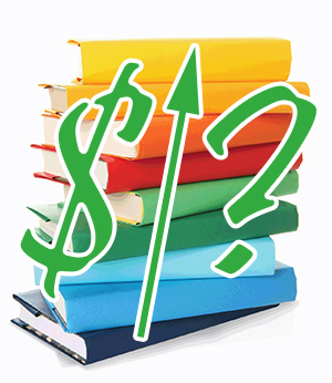 A pile of hardcover books covered in different solid-colored paper with the text dollar sign, up arrow, question mark superimposed on them